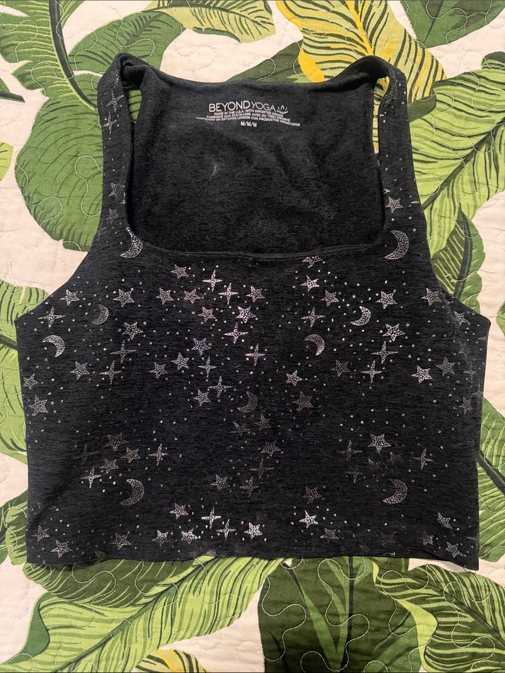 Beyond Yoga Black Cropped Tank with Silver Star & Moon Print